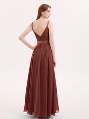 V Neck Chiffon Bridesmaid Dress with Satin Sash Bow-Terracotta