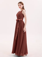 V Neck Chiffon Bridesmaid Dress with Satin Sash Bow-Terracotta