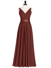 V Neck Chiffon Bridesmaid Dress with Satin Sash Bow-Terracotta