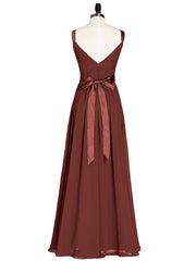 V Neck Chiffon Bridesmaid Dress with Satin Sash Bow-Terracotta Plus Size