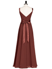 V Neck Chiffon Bridesmaid Dress with Satin Sash Bow-Terracotta