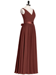 V Neck Chiffon Bridesmaid Dress with Satin Sash Bow-Terracotta