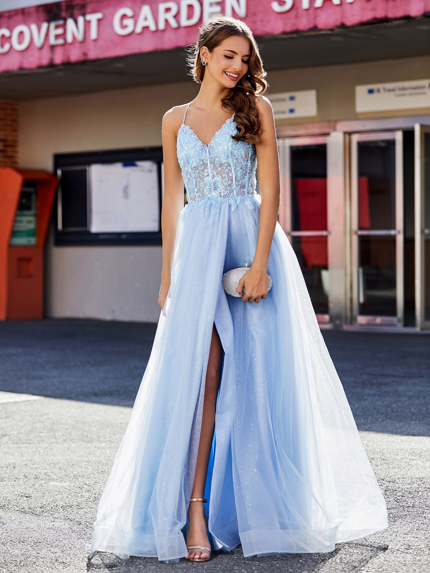 BABARONI Tulle Sky Blue Prom Dresses A-line Spaghetti Straps Appliqued  Ruched Sequins With Slit