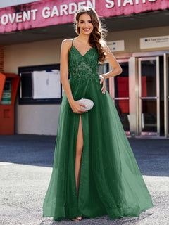 V Neck Corset Bodice Tulle Dress Dark Green