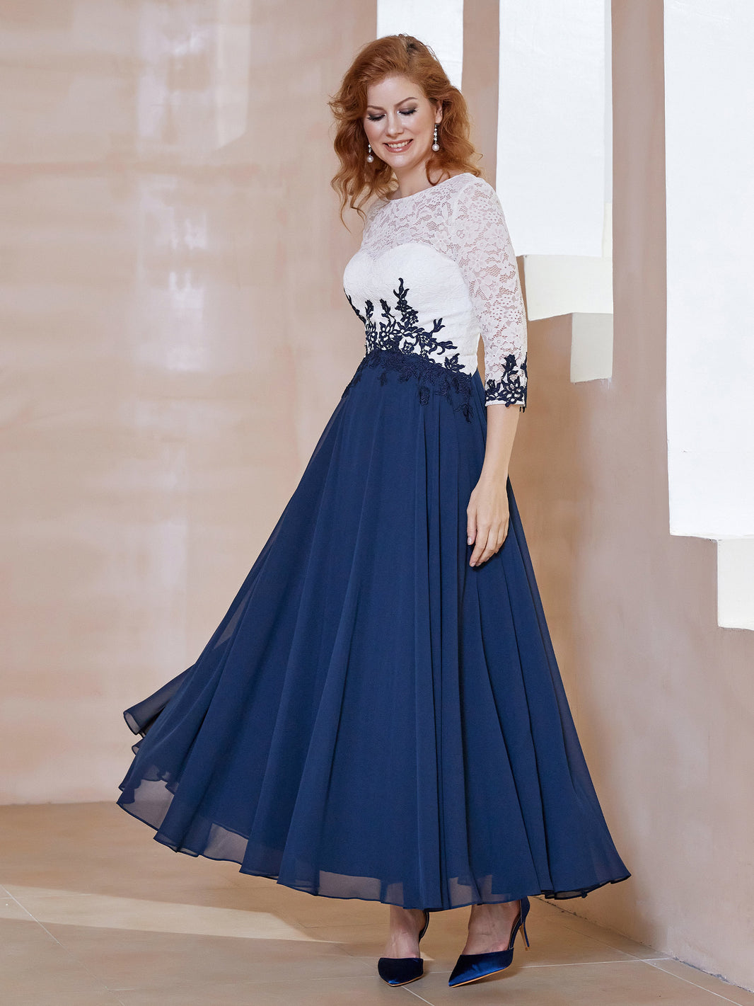 Chiffon and Lace Long Dresses with Illusion Neck Dark Navy Plus Size main image 0
