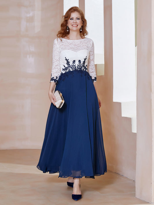 A line Illusion Neckline Dress with Appliqued Brown