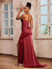 Strapless Sheath Long Dress With Sweep Train Burgundy