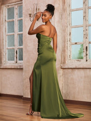 Strapless Sheath Long Dress With Sweep Train Olive Green