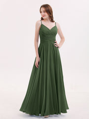 Spaghetti Strap Chiffon Dress with V Neck-Olive Green