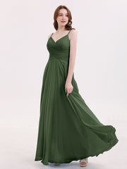 Spaghetti Strap Chiffon Dress with V Neck-Olive Green