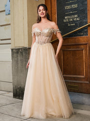 Dazzling Sequins Off-the-shoulder Maxi Dress Champagne