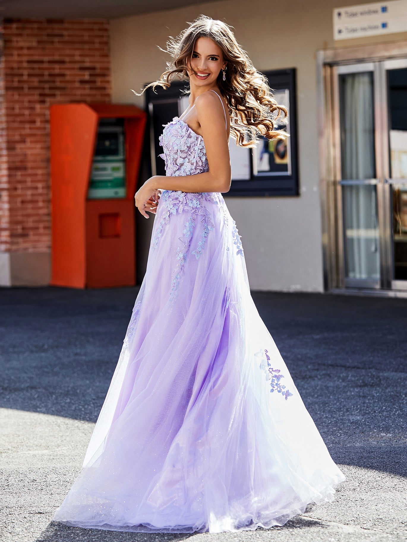 BABARONI Tulle Lilac Prom Dresses A-line Spaghetti Straps Appliqued Beaded Ruched With Slit BABARONI Tulle Lilac Prom Dresses A-line Spaghetti Straps Appliqued Beaded Ruched With Slit