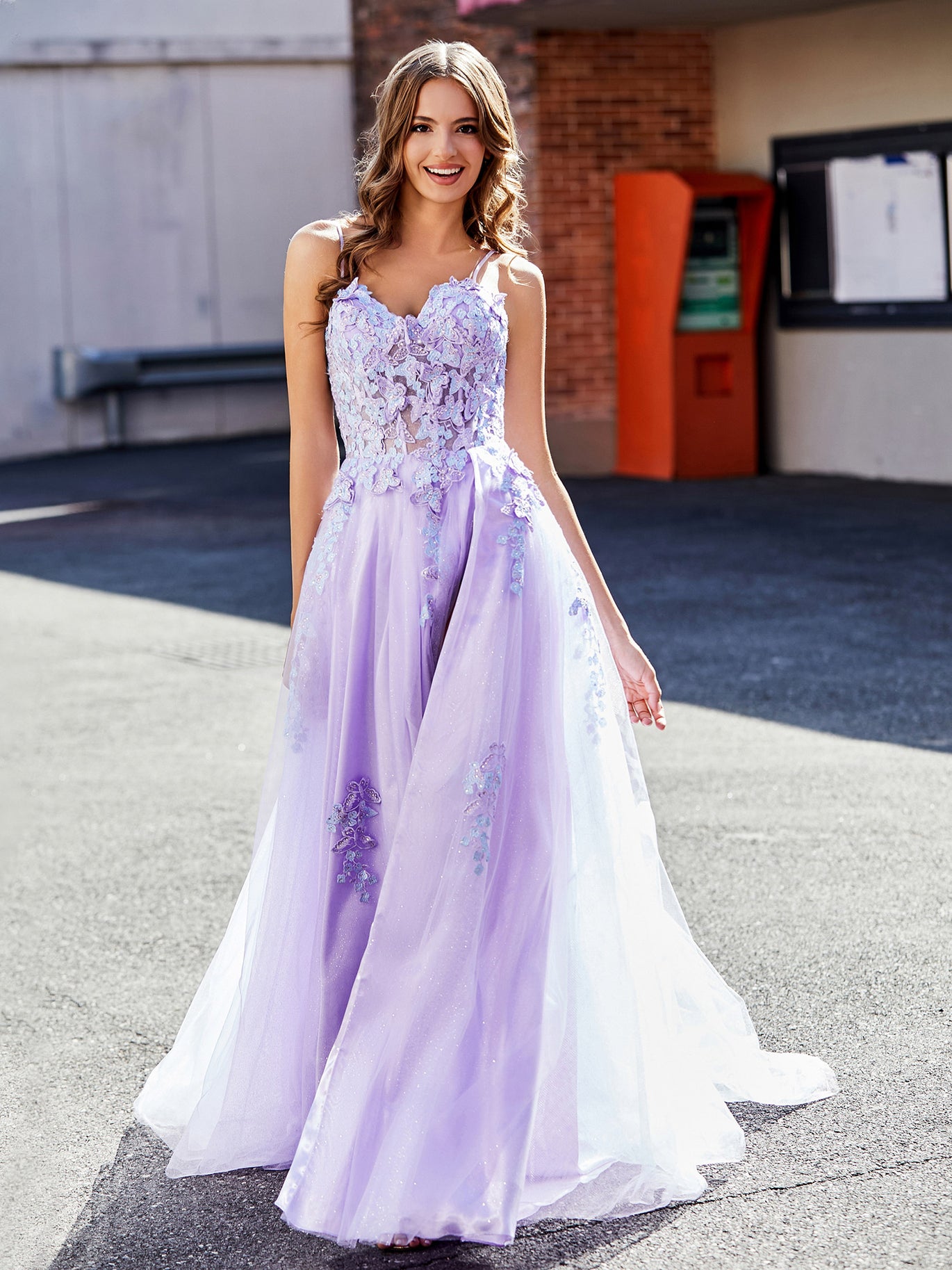 BABARONI Tulle Lilac Prom Dresses A-line Spaghetti Straps Appliqued Beaded Ruched With Slit BABARONI Tulle Lilac Prom Dresses A-line Spaghetti Straps Appliqued Beaded Ruched With Slit