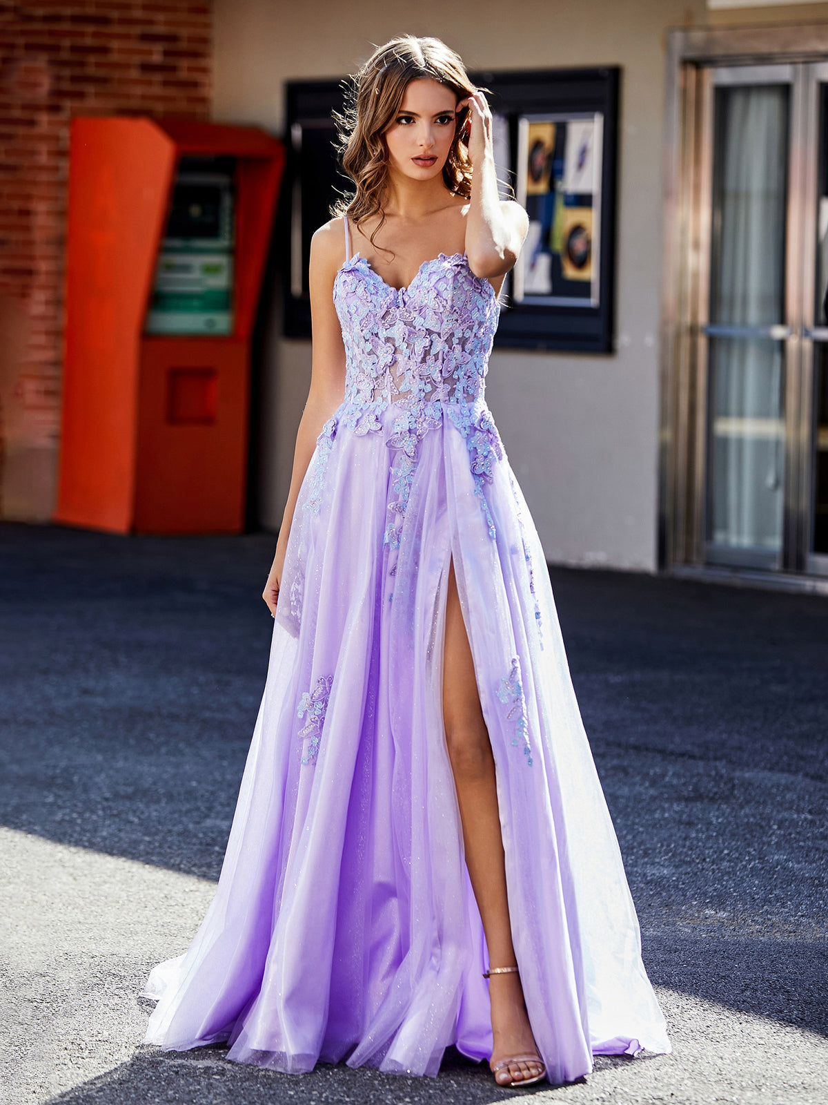 a line dress prom BABARONI Tulle Lilac Dresses A-line Spaghetti Straps Appliqued Beaded Ruched With Slit, Lilac / US0 CALISTOGA Cotton Wrap Dress dark green Size:Custom size Strapless Sleeves