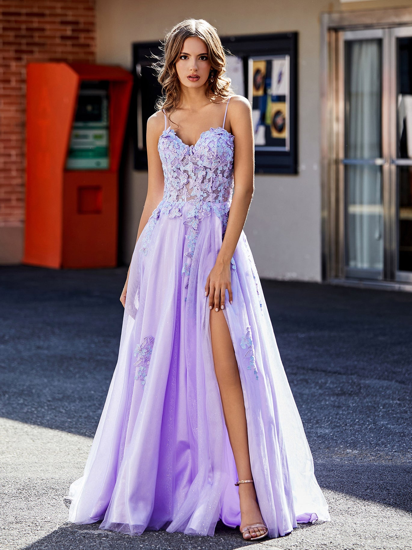 BABARONI Tulle Lilac Prom Dresses A-line Spaghetti Straps Appliqued Beaded  Ruched With Slit
