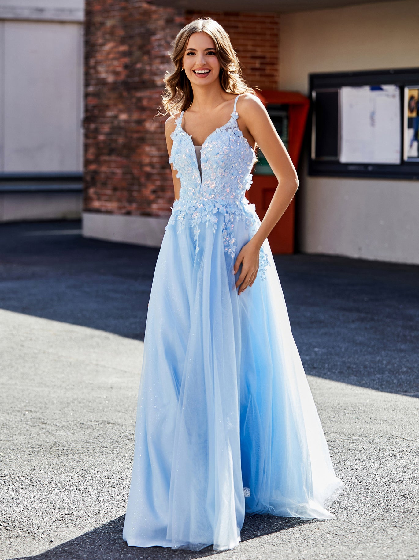 BABARONI Tulle Lace Yellow Prom Dresses A-line Spaghetti Straps Appliqued Lace Ruched, Yellow / US0