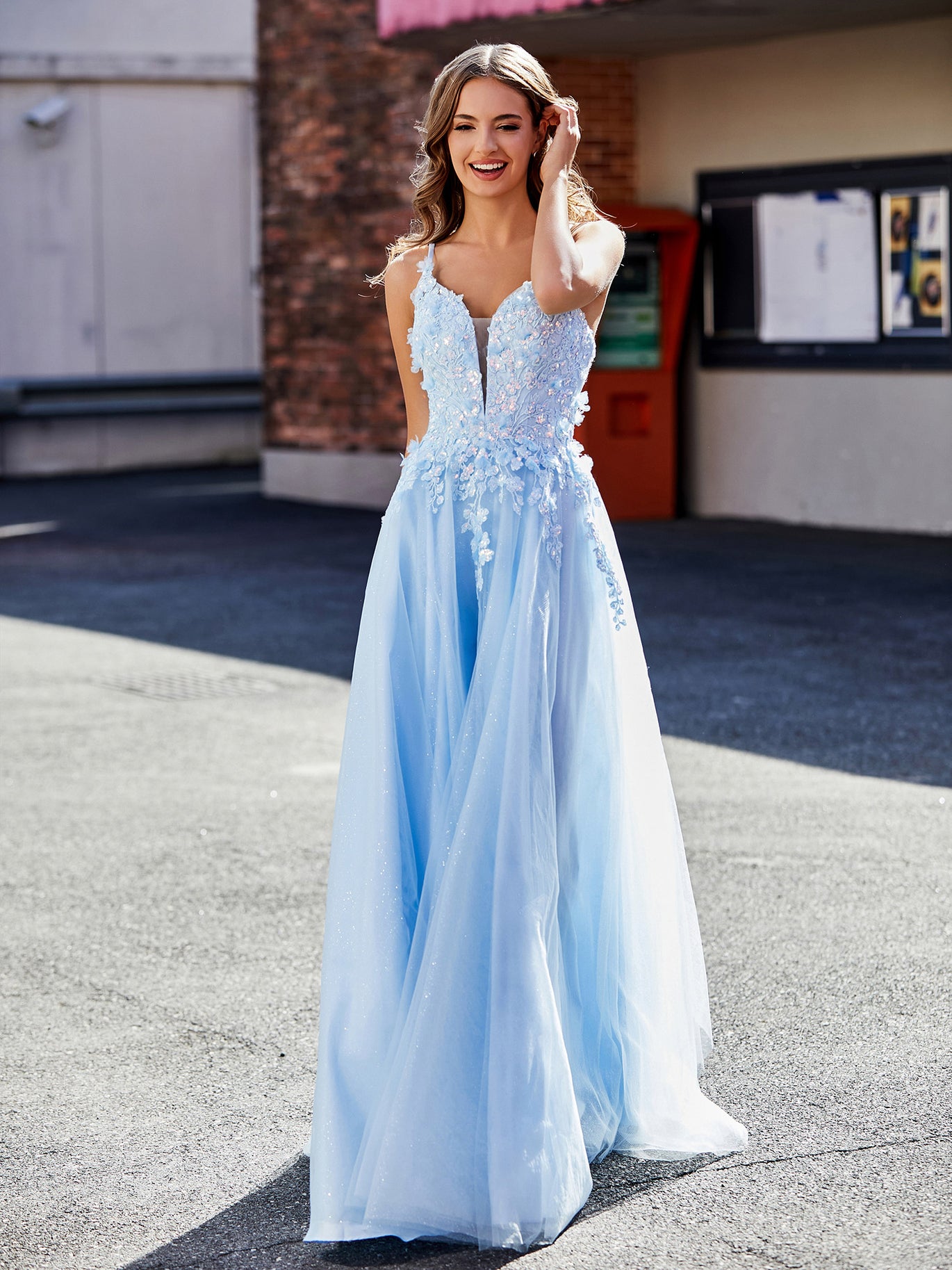 BABARONI Tulle Lace Yellow Prom Dresses A-line Spaghetti Straps Appliqued Lace Ruched, Yellow / US0