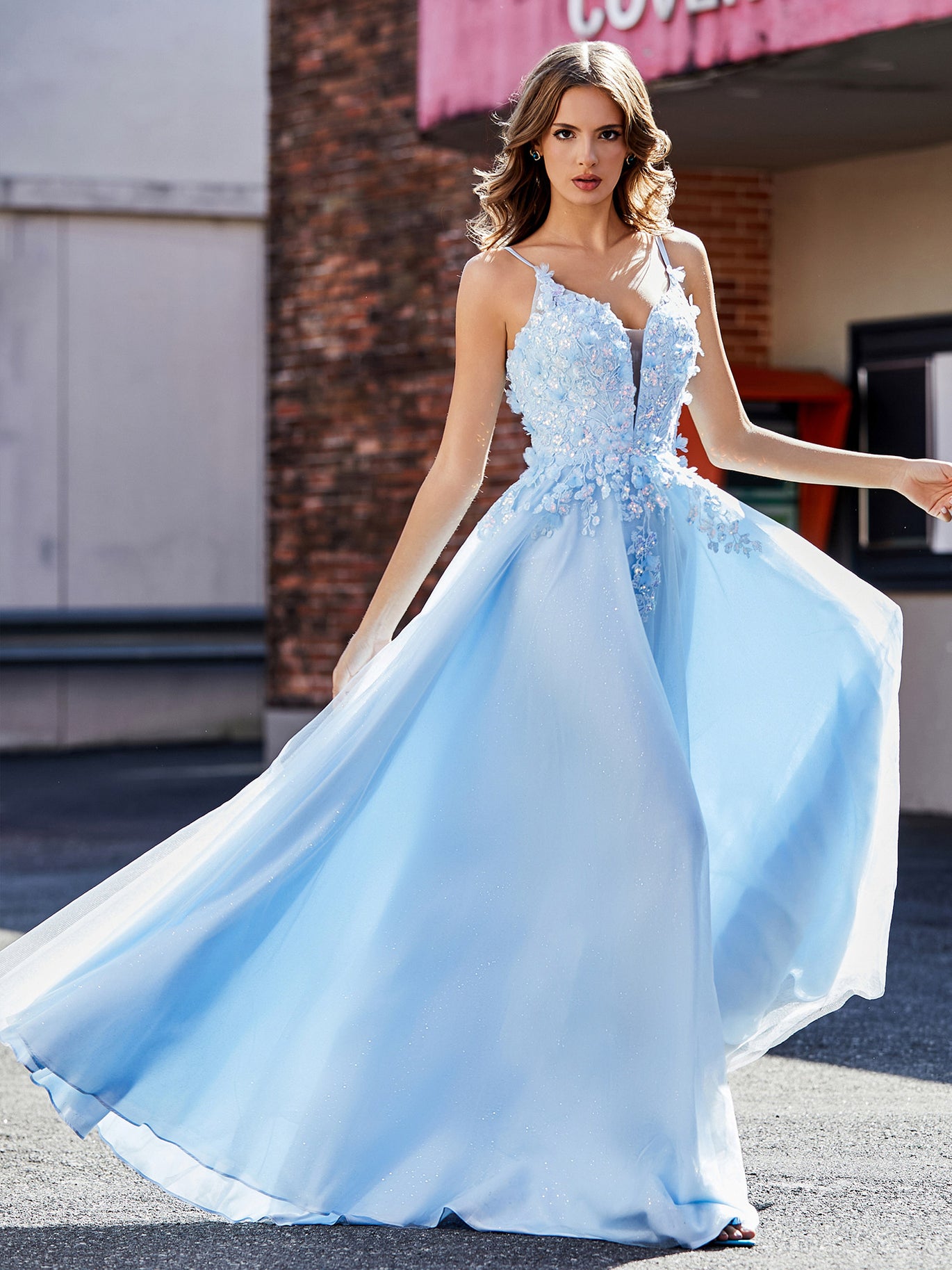 chinese dress ladies A-Line Straps Lace Sky Blue Long Prom Dresses Evening Dresses TP0912 US16 / Custom Color main image 1
