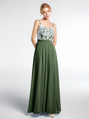 Spaghetti Strap Front Slit Dress with Ivory Lace-Olive Green