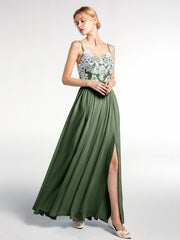 Spaghetti Strap Front Slit Dress with Ivory Lace-Olive Green Plus Size