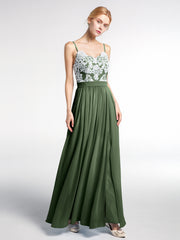 Spaghetti Strap Front Slit Dress with Ivory Lace-Olive Green