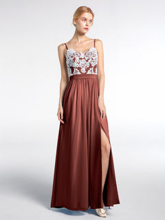 Spaghetti Strap Front Slit Dress with Ivory Lace-Terracotta