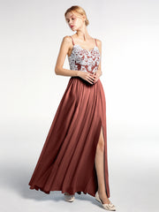 Spaghetti Strap Front Slit Dress with Ivory Lace-Terracotta