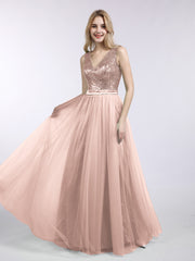 Sequins and Tulle Long Dress with V-neck Metallic Gold