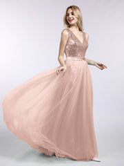 Sequins and Tulle Long Dress with V-neck Metallic Gold Plus Size