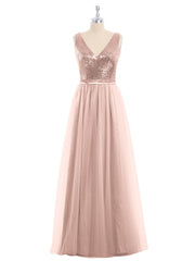 Sequins and Tulle Long Dress with V-neck Metallic Gold