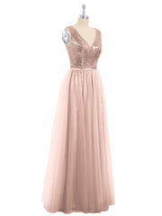 Sequins and Tulle Long Dress with V-neck Metallic Gold