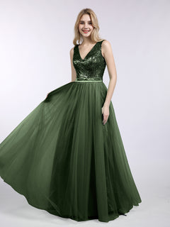 Sequins and Tulle Long Dress with V-neck-Olive Green