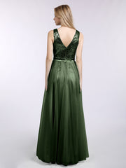 Sequins and Tulle Long Dress with V-neck-Olive Green Plus Size