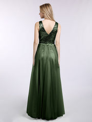 Sequins and Tulle Long Dress with V-neck-Olive Green