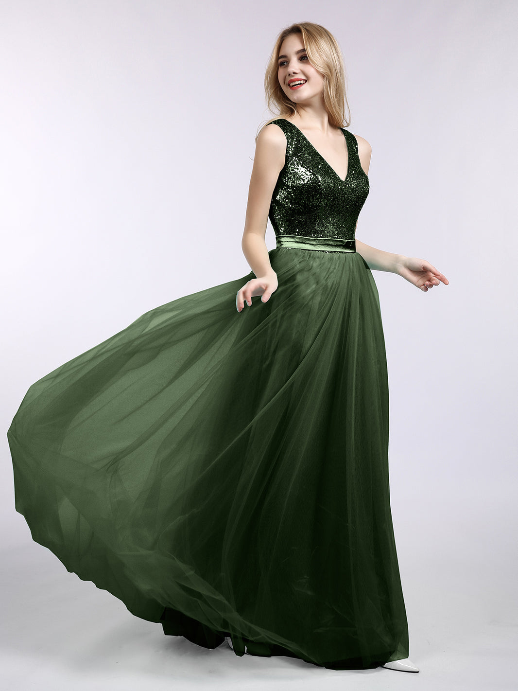 BABARONI Sequins and Tulle Long Dress with V-neck-Olive Green, Olive Green / US0 BABARONI Sequins and Tulle Long Dress with V-neck-Olive Green, Olive Green / US0