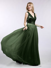 Sequins and Tulle Long Dress with V-neck-Olive Green