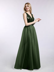 Sequins and Tulle Long Dress with V-neck-Olive Green Plus Size