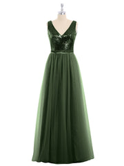Sequins and Tulle Long Dress with V-neck-Olive Green Plus Size