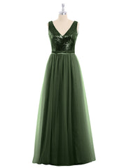 Sequins and Tulle Long Dress with V-neck-Olive Green