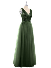 Sequins and Tulle Long Dress with V-neck-Olive Green Plus Size