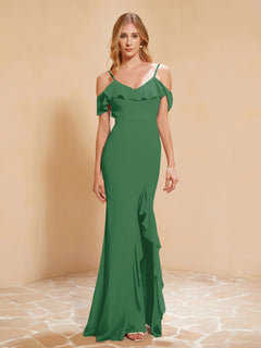 Ruffle V-neck Flutter Sleeves Mermaid Chiffon Dress Emerald
