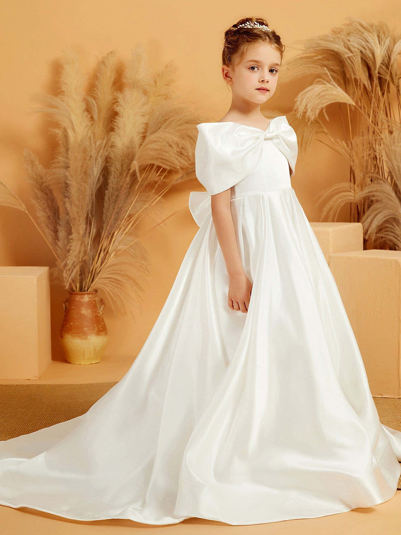 BABARONI Off-the-Shoulder Flower Girl Dress with Bow & Train - Long Satin Ball Gown BABARONI Off-the-Shoulder Flower Girl Dress with Bow & Train - Long Satin Ball Gown