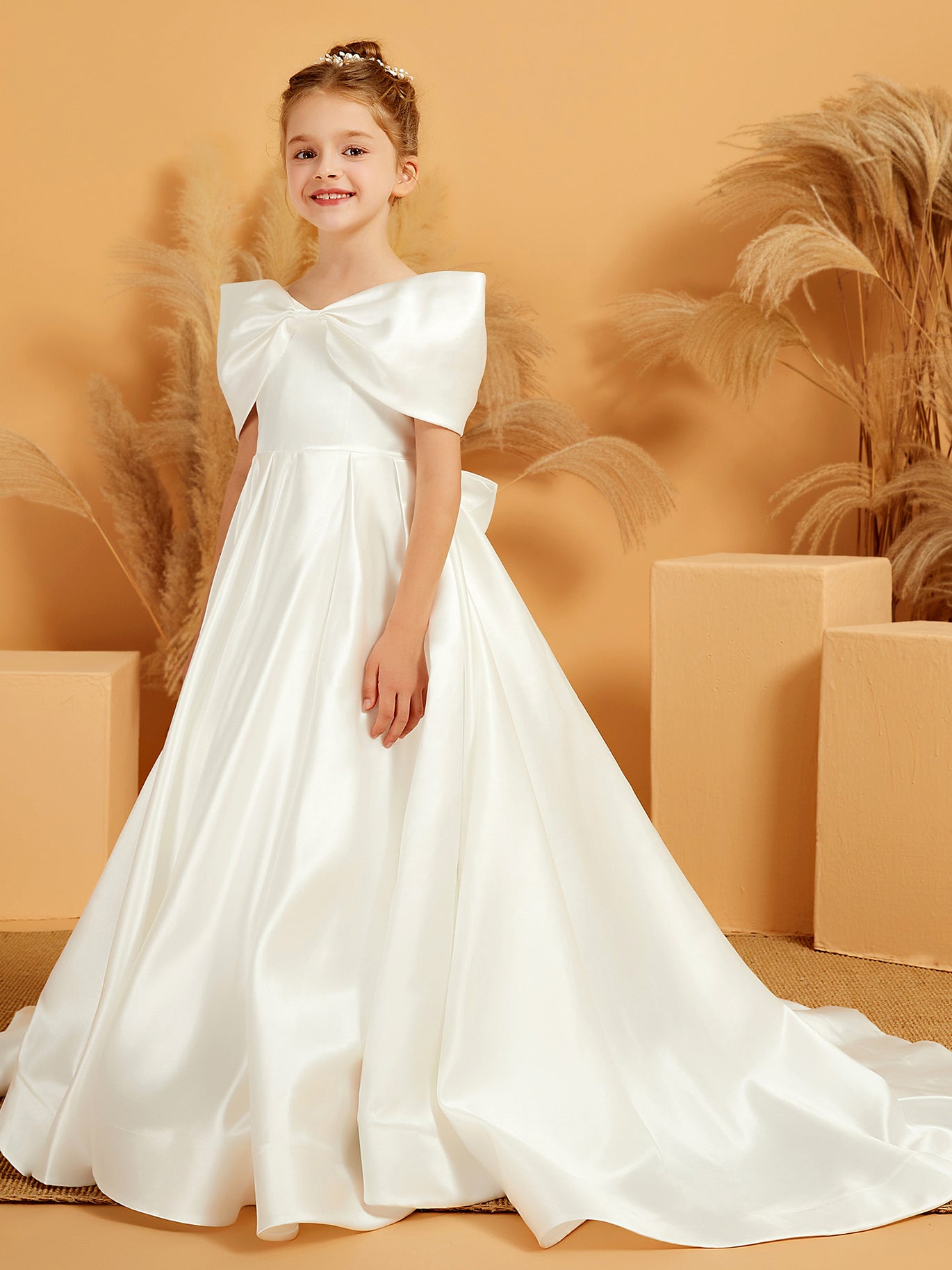 BABARONI Off-the-Shoulder Flower Girl Dress with Bow & Train - Long Satin Ball Gown BABARONI Off-the-Shoulder Flower Girl Dress with Bow & Train - Long Satin Ball Gown