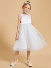 Modren Scoop Satin and Tulle Knee Length Flower Girl Dresses