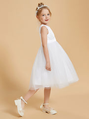Modren Scoop Satin and Tulle Knee Length Flower Girl Dresses