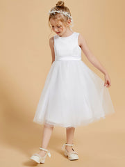 Modren Scoop Satin and Tulle Knee Length Flower Girl Dresses
