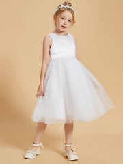 Modren Scoop Satin and Tulle Knee Length Flower Girl Dresses