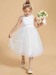 Modren Scoop Satin and Tulle Knee Length Flower Girl Dresses