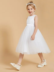Modren Scoop Satin and Tulle Knee Length Flower Girl Dresses