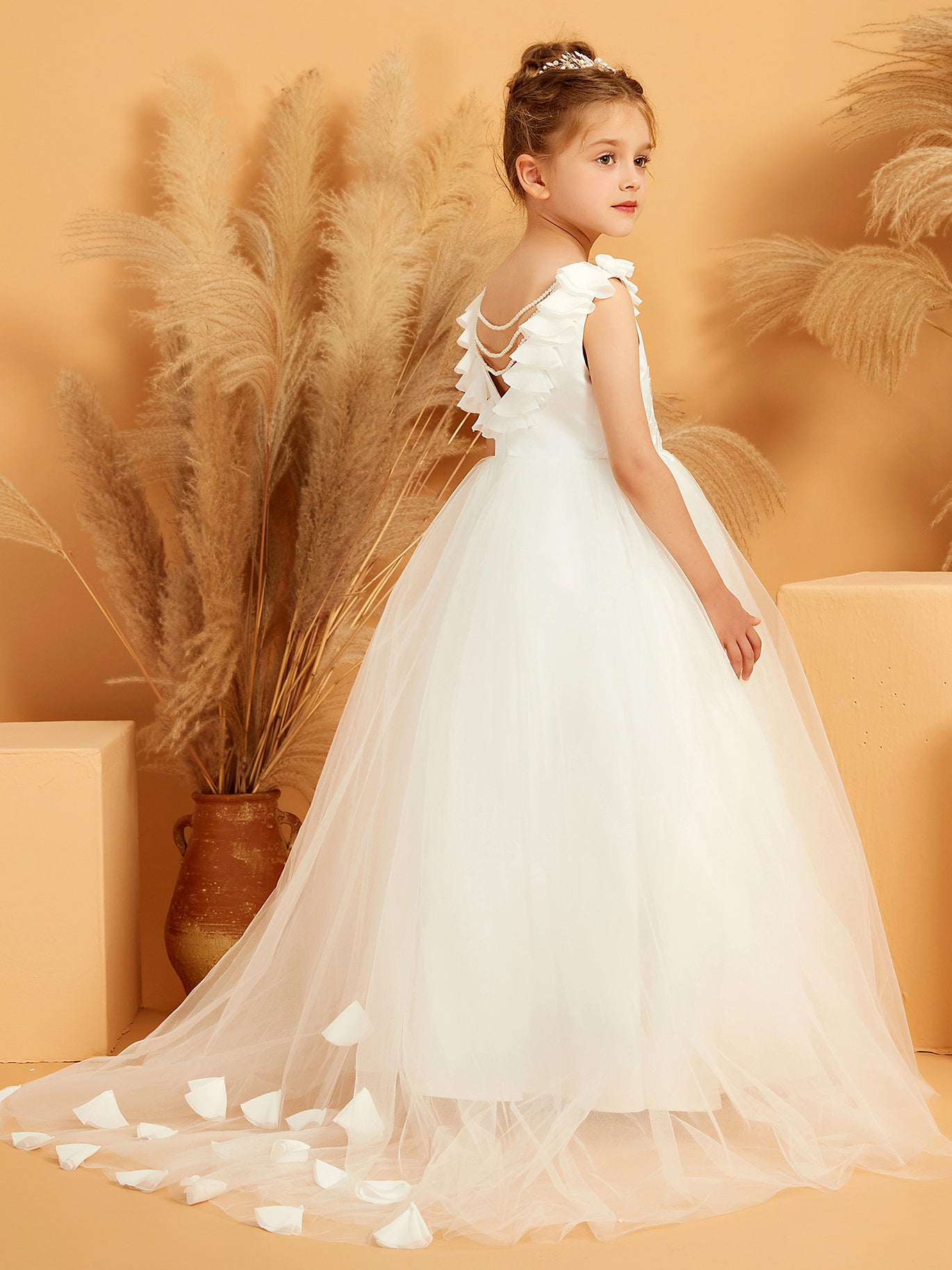 BABARONI Flower Girl Dress - Satin A-Line Scoop Neck Gown with Bubble Sleeves & Train BABARONI Flower Girl Dress - Satin A-Line Scoop Neck Gown with Bubble Sleeves & Train